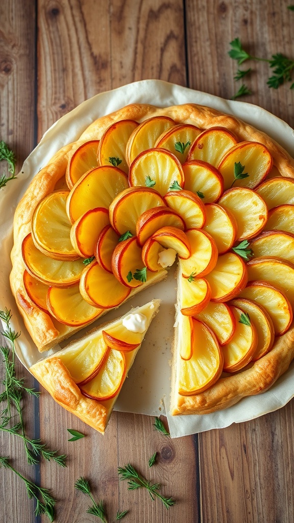 A golden potato tart with thinly sliced potatoes and fresh herbs on a wooden table.